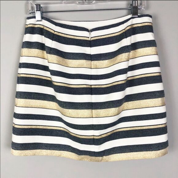 J. CREW | Bold Stripe Mini Skirt Metallic Gold, White, Denim Blue Women’s Size 6 - Picture 3 of 7
